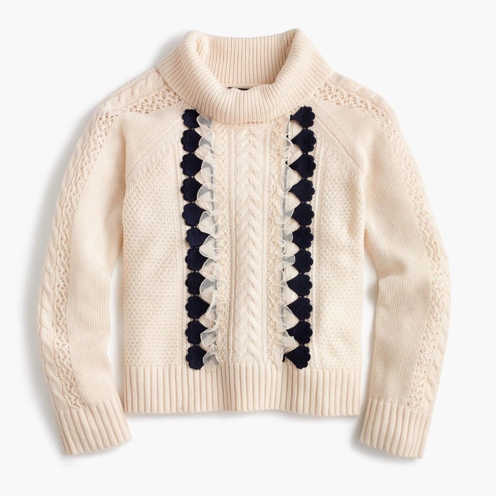 J. Crew Embellished Cableknit Turtleneck Sweater Ivory Wool Ruffle Navy Large